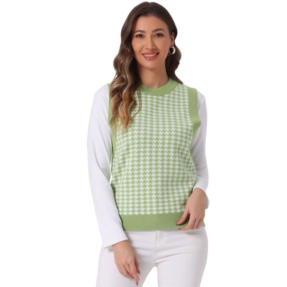 Round Neck Vest Sleeveless Houndstooth Plaid Knitted Sweater Green